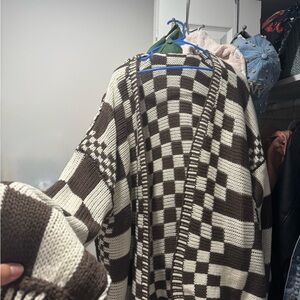 Brown and Cream Checkered Women's Cardigan